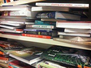 Overloaded bookshelf--not mine, honestly!